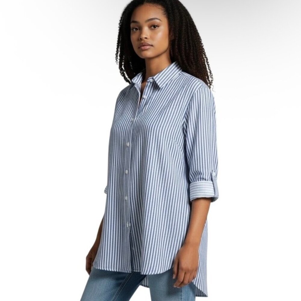 Zac & Rachel Button Up Shirt S Blue & White Striped Asymmetric Hem Long Sleeve